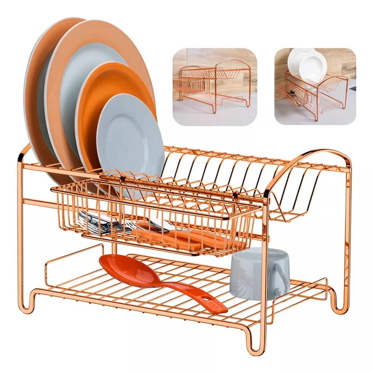 Escurreplatos, cubiertos, platos, oro rosa.